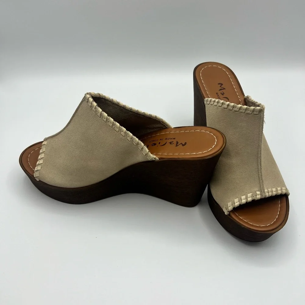Mariella Women’s Leather Platform Wedge Beige Sandals Size 6.5 M Light W Italian - Picture 4 of 6